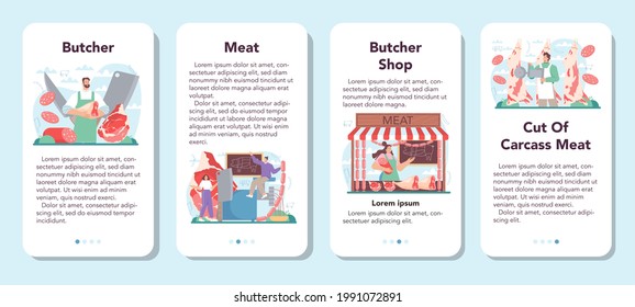Butcher or meatman mobile application banner set. Fresh meat and semi-finished products with ham and sausages, beef and pork production. Meat market worker. Isolated vector illustration