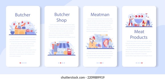 Butcher oder Meatman Mobile Applikations Banner Set. Herstellung von Frischfleisch und Halbfabrikaten. Tierproduktmarkt, Schlachthof-Fleischhändler. Flache Vektorgrafik