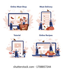 Butcher or meatman online service or platform on differernt device concept set. Online workshop, delivery or recipe. Fresh meat and meat products. Isolated vector illustration