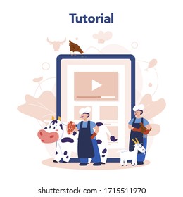 Butcher or meatman online service or platform. Online tutorial. Fresh meat and meat products. Isolated vector illustration