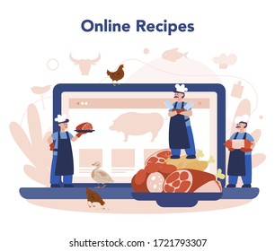 Butcher or meatman online service or platform. Online recipe website. Fresh meat and meat products. Isolated vector illustration
