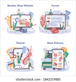Butcher or meatman online service or platform set. Fresh meat and semi-finished products. Meat market worker. Online forum, tutorial, delivery, website. Isolated vector illustration