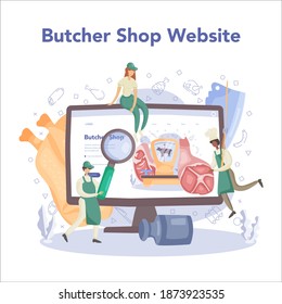 Butcher or meatman online service or platform. Fresh meat and semi-finished products. Meat market worker. Website. Isolated vector illustration