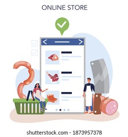 Butcher or meatman online service or platform. Fresh meat and semi-finished product with ham and sausage, beef and pork. Online store. Isolated vector illustration
