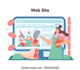 Butcher or meatman online service or platform. Fresh meat and semi-finished products, beef and pork production. Website. Isolated vector illustration