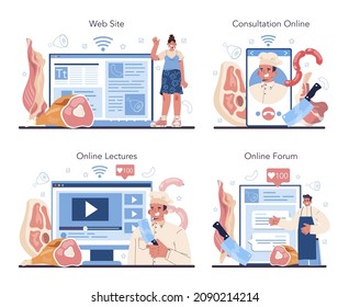 Butcher or meatman online service or platform set. Fresh meat and semi-finished product. Animal product market, slaughterhouse worker. Online consultation, forum, lecture, website. Vector illustration