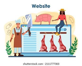Butcher or meatman online service or platform. Fresh meat and semi-finished products with ham and sausages, beef and pork production. Website. Flat vector illustration