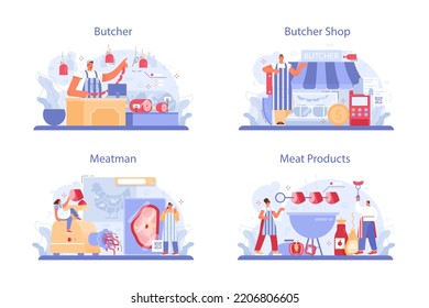 Butcher or meatman set. Fresh meat and semi-finished products production. Animal product market, slaughterhouse meat shop worker. Flat vector illustration