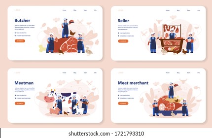 Butcher or meatman web banner or landing page set. Fresh meat and meat products with ham and sausages, beef and pork. Isolated vector illustration