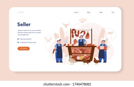 Butcher or meatman web banner or landing page. Fresh meat and meat products with ham and sausages, beef and pork. Isolated vector illustration