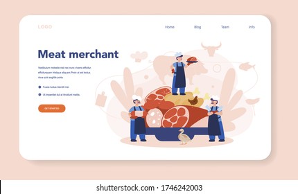 Butcher or meatman web banner or landing page. Fresh meat and meat products with ham and sausages, beef and pork. Isolated vector illustration