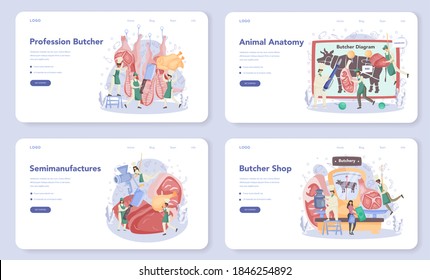 Butcher or meatman web banner or landing page set. Fresh meat and semi-finished products with ham and sausages, beef and pork. Meat market worker. Isolated vector illustration