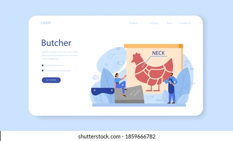 Butcher or meatman web banner or landing page. Fresh meat and meat products with ham and sausages, beef and pork. Meat market worker. Isolated vector illustration