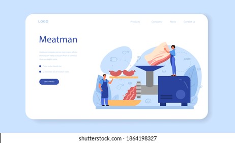 Butcher or meatman web banner or landing page. Fresh meat and meat products with ham and sausages, beef and pork. Meat market worker. Isolated vector illustration
