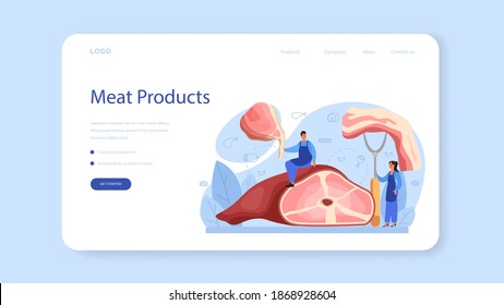 Butcher or meatman web banner or landing page. Fresh meat and meat products with ham and sausages, beef and pork. Meat market worker. Isolated vector illustration