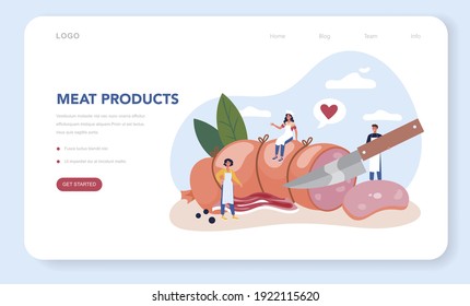 Butcher or meatman web banner or landing page. Fresh meat and semi-finished products with ham and sausages, beef and pork. Meat market worker. Isolated vector illustration