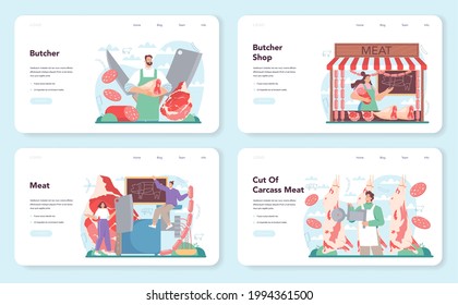 Butcher or meatman web banner or landing page set. Fresh meat and semi-finished products with ham and sausages, beef and pork production. Meat market worker. Isolated vector illustration