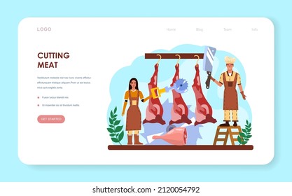 Butcher or meatman web banner or landing page. Fresh meat and semi-finished products with ham and sausages, beef and pork production. Meat market worker. Isolated vector illustration