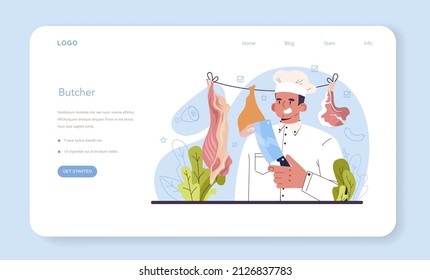 Butcher or meatman web banner or landing page. Fresh meat and semi-finished products. Animal product market, slaughterhouse meat shop worker. Isolated vector illustration