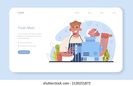 Butcher or meatman web banner or landing page. Fresh meat and semi-finished products. Animal product market, slaughterhouse meat shop worker. Isolated vector illustration