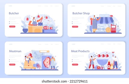 Butcher or meatman web banner or landing page set. Fresh meat and semi-finished products production. Animal product market, slaughterhouse meat shop worker. Flat vector illustration