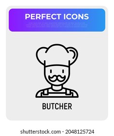 Butcher with mustache and hat thin line icon. Modern vector illustration.