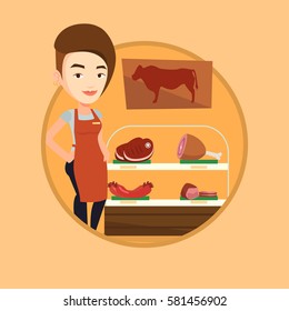 Carnicero que ofrece carne en la carnicería. Carnicero trabajando en el mostrador de carnicería. Carnicero de pie en el fondo de la tienda. Ilustración de diseño plana vectorial en el círculo aislado en el fondo.