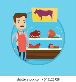 Butcher offering meat at display in butchery. Butcher at work at the counter in butchery. Caucasian man proud of his butcher shop. Vector flat design illustration in the circle isolated on background.