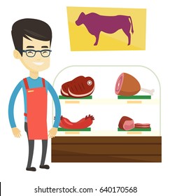 Carnicero que ofrece carne en la carnicería. Carnicero trabajando en el mostrador de carnicería. Carnicero de pie en el fondo de la tienda. Ilustración de diseño plana de vectores aislada en fondo blanco