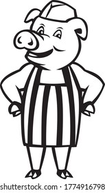 Butcher Pig Wearing Apron Hands on Hip Cartoon Black and White