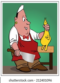 Butcher/ A butcher prepares a chicken for cutting