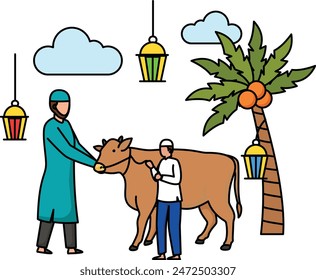 Carnicero con el animal de sacrificio y el concepto del propietario, Papá e hijos que traen el icono del Vector del toro, Eid al-Azha o símbolo de Eid ul Kabir, signo de Hajj, festival religioso musulmán Ilustración de stock