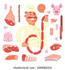 Butcher seller character and icons set. Meat goods collection in flat design. Vector illustration eps 10