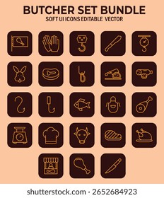 Conjunto de açougueiro vetor editável apresentando ícones de interface do usuário macia para carne e ferramentas temático design para artes culinárias ou alimentos