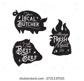 Butcher set meat chicken beef and pork illustration drawing in monochrome vintage sketch style on white background