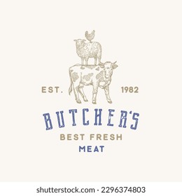 Butcher Shop Abstract Vector Sign Template. Hand Drawn Cow, Sheep and Chicken Sillhouettes standing on each other like pyramid with Retro Typography. Organic Fresh Meat Vintage Emblem