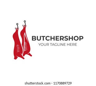 Butcher shop and animal carcasses hang on hooks, logo design. Meal, food and meat, vector design and illustration