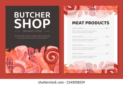 Butcher shop assortment with price. Organic meat, farm shop, market products banner