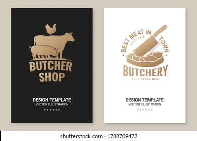 Butcher shop Badge or Label with cow, pig, chicken,beef. Vector illustartion. Vintage typography logo design with cow, pig, chicken,beef silhouette. For poster, flyer, template