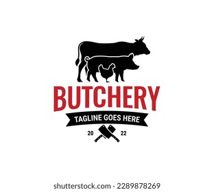 Butcher shop Badge or Label with cow, pig, chicken, beef. Vector illustartion.