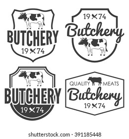 Butcher shop badges/Labels set For signage, prints and stamps. Butchery with cow and knifes