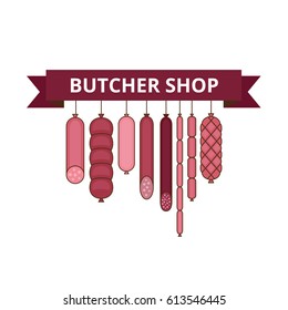 Butcher shop banner. Meat and barbecue sausage products. Various sausages. Flat style. Vector illustration. 