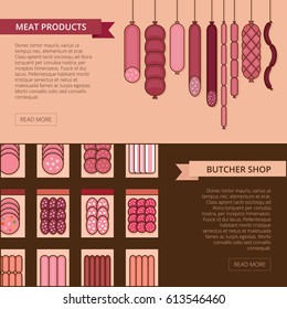 Butcher shop banner. Meat and barbecue sausage products. Various sausages. Flat style. Vector illustration. 