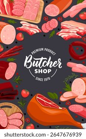 Banner de açougue, modelo de design de cartaz. Produtos de carne fresca moldura em fundo preto. Ilustração em vetor de desenho plano de salame, presunto, perna de porco, salsichas. Elementos do pacote alimentar