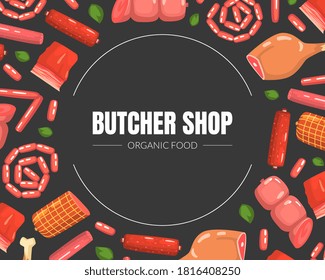 Butcher Shop Banner Template with Fresh Meat Products Vector Illustration