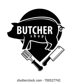 Butcher shop black emblem with pig and cutlery
