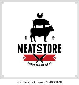 Butcher shop black and red logo with farm animals and knives