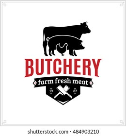 Butcher shop black and red logo with farm animals and knives