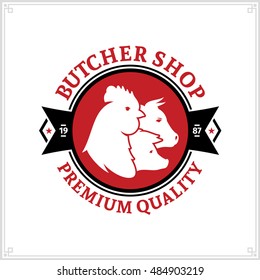 Butcher Shop Black And Red Logo With Farm Animal Icons