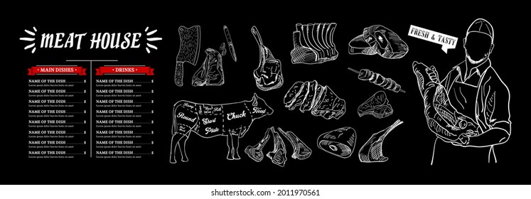 Butcher shop blackboard Cut of Beef Meat. Butchery Cow Food Chalk Board Shop. Retro Menu Restaurant poster. Vector.